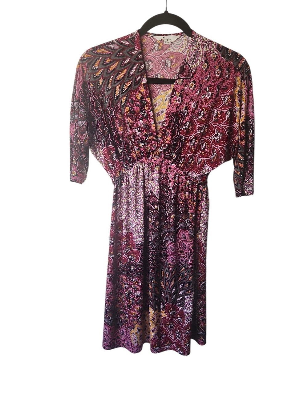 5th & Love Brown/Orange Motif Pattern 3/4 Sleeve Boho V-Neck Dress Size S